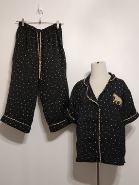 Room Service Black Polka Dot Pajama Set with Gold Trim and Embroidered Leopard